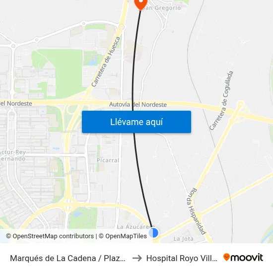 Marqués de La Cadena / Plaza Mozart to Hospital Royo Villanova map