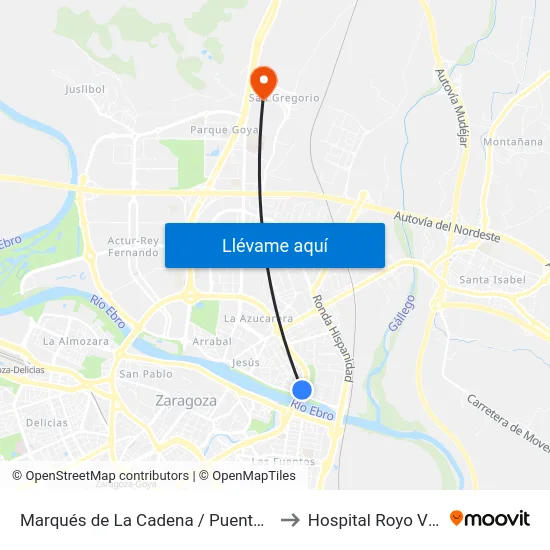 Marqués de La Cadena / Puente de La Unión to Hospital Royo Villanova map