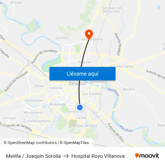 Melilla / Joaquín Sorolla to Hospital Royo Villanova map