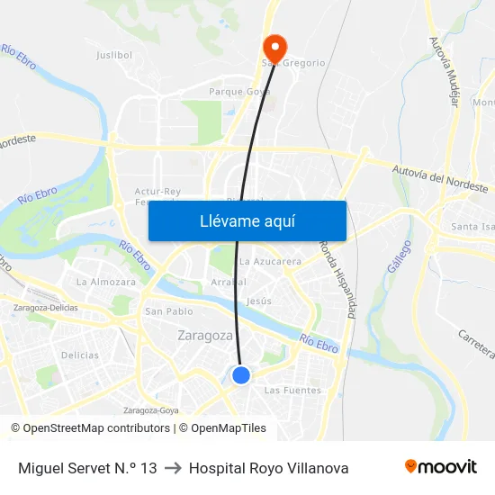 Miguel Servet N.º 13 to Hospital Royo Villanova map
