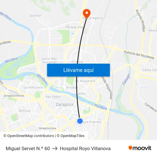 Miguel Servet N.º 60 to Hospital Royo Villanova map