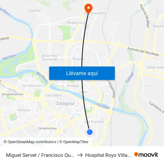 Miguel Servet / Francisco Quevedo to Hospital Royo Villanova map