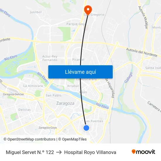 Miguel Servet N.º 122 to Hospital Royo Villanova map