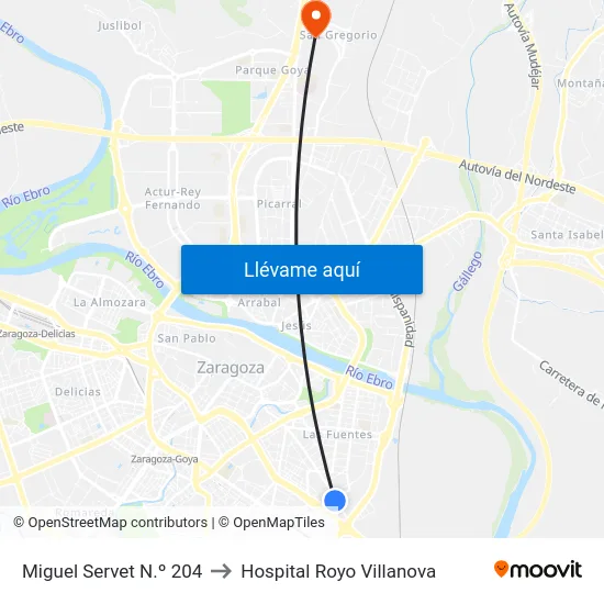 Miguel Servet N.º 204 to Hospital Royo Villanova map