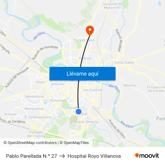 Pablo Parellada N.º 27 to Hospital Royo Villanova map