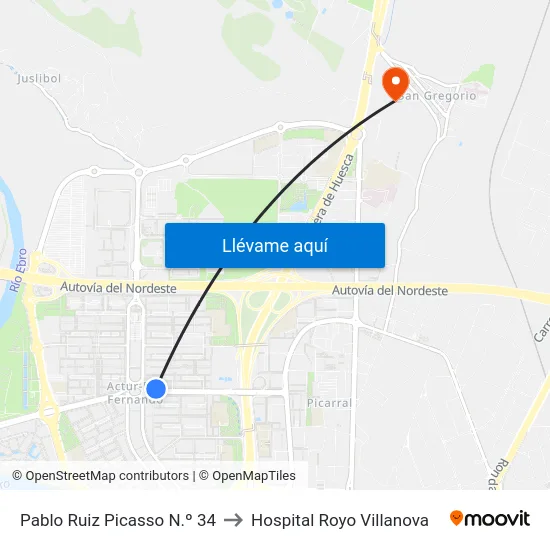 Pablo Ruiz Picasso N.º 34 to Hospital Royo Villanova map