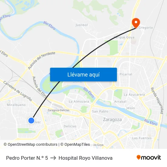 Pedro Porter N.º 5 to Hospital Royo Villanova map