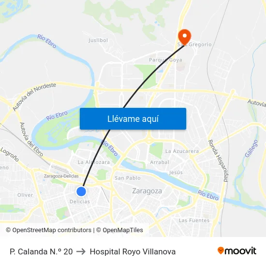 P. Calanda N.º 20 to Hospital Royo Villanova map