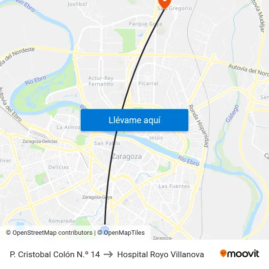 P. Cristobal Colón N.º 14 to Hospital Royo Villanova map