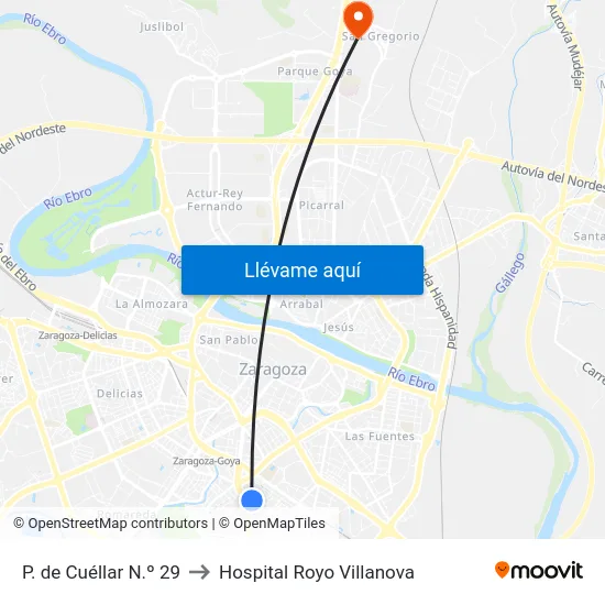 P. de Cuéllar N.º 29 to Hospital Royo Villanova map