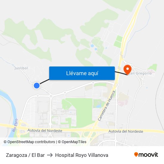 Zaragoza / El Bar to Hospital Royo Villanova map