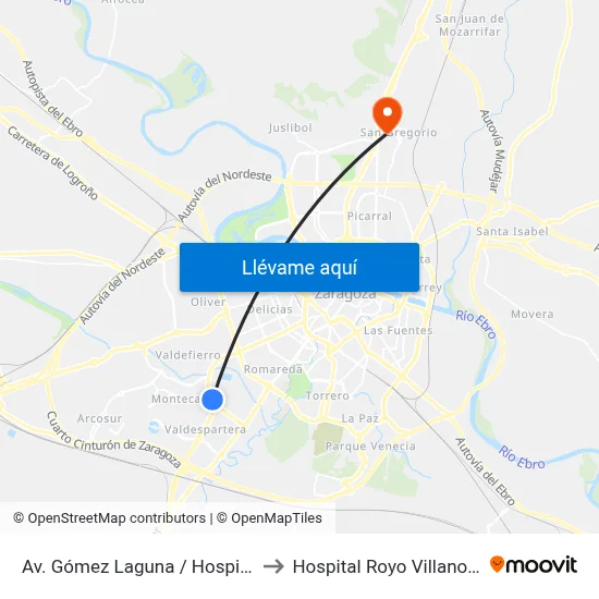 Av. Gómez Laguna / Hospital to Hospital Royo Villanova map