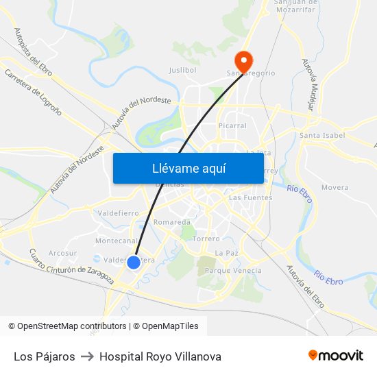 Los Pájaros to Hospital Royo Villanova map