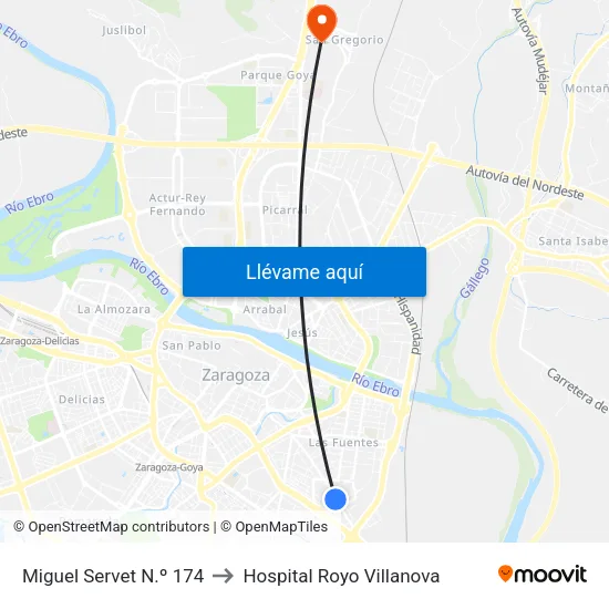 Miguel Servet N.º 174 to Hospital Royo Villanova map