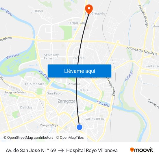 Av. de San José N. º 69 to Hospital Royo Villanova map