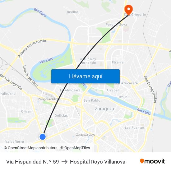 Vía Hispanidad N. º 59 to Hospital Royo Villanova map