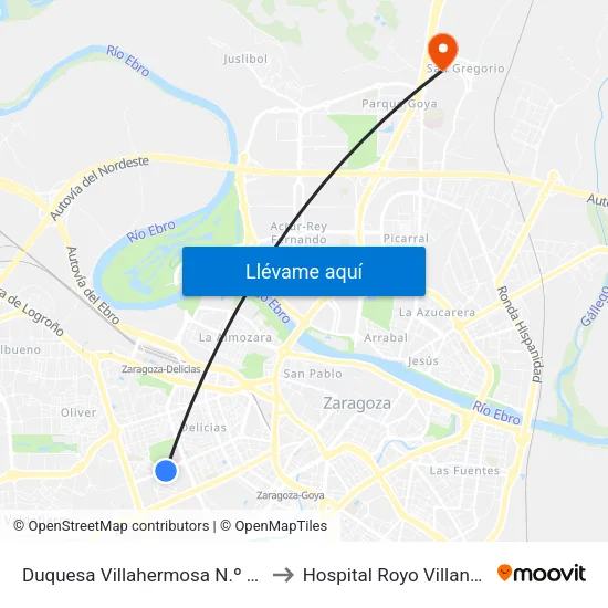Duquesa Villahermosa N.º 129 to Hospital Royo Villanova map