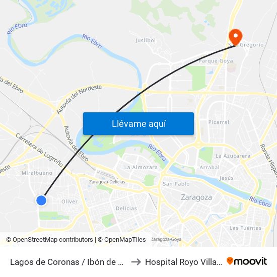 Lagos de Coronas / Ibón de Escalar to Hospital Royo Villanova map