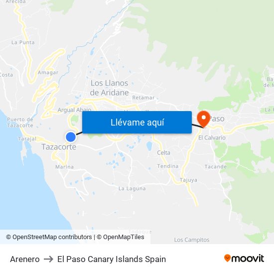 Arenero to El Paso Canary Islands Spain map