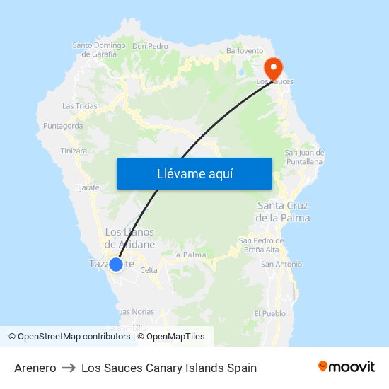 Arenero to Los Sauces Canary Islands Spain map