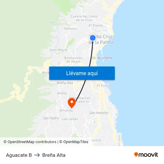 Aguacate B to Breña Alta map