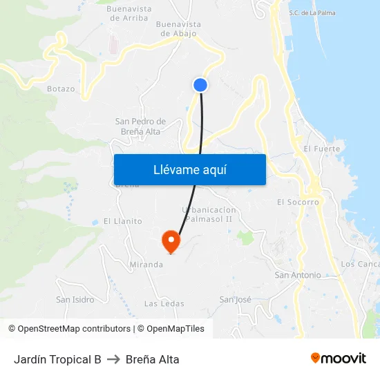 Jardín Tropical B to Breña Alta map