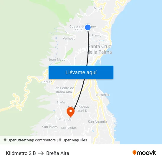Kilómetro 2 B to Breña Alta map