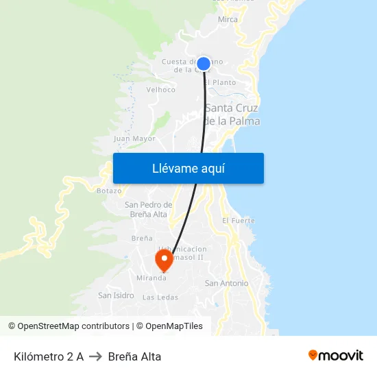 Kilómetro 2 A to Breña Alta map