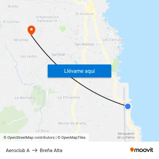 Aeroclub A to Breña Alta map
