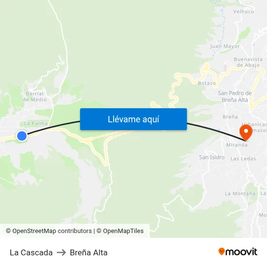 La Cascada to Breña Alta map