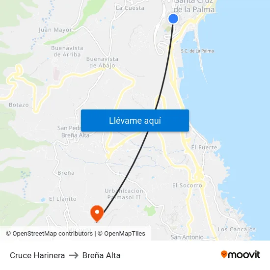 Cruce Harinera to Breña Alta map
