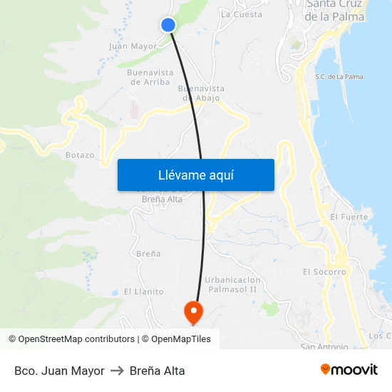 Bco. Juan Mayor to Breña Alta map