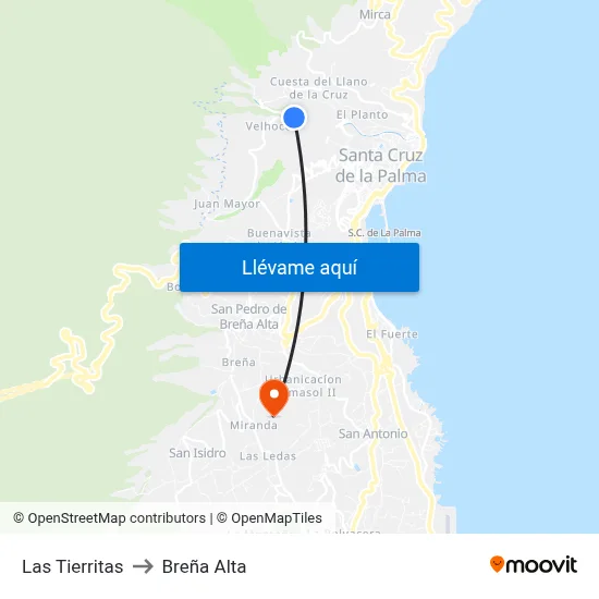 Las Tierritas to Breña Alta map