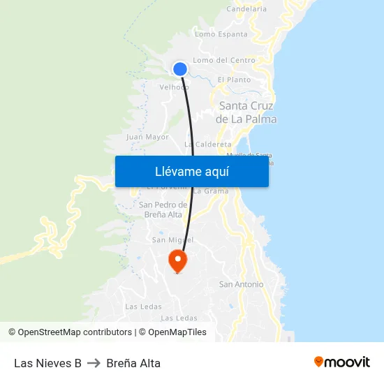 Las Nieves B to Breña Alta map