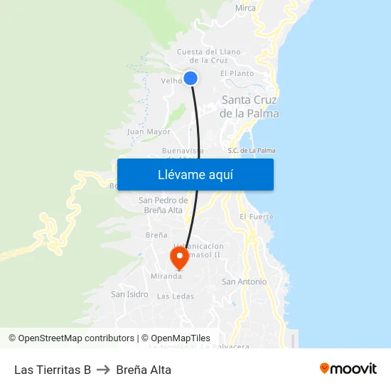 Las Tierritas B to Breña Alta map