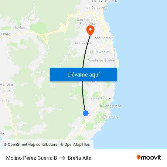 Molino Pérez Guerra B to Breña Alta map