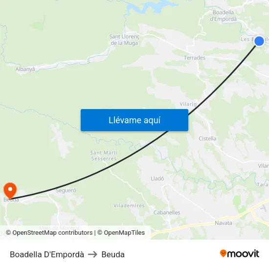 Boadella D'Empordà to Beuda map