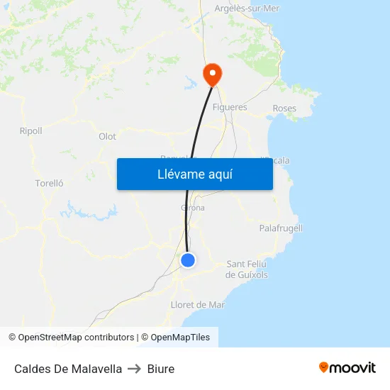 Caldes De Malavella to Biure map