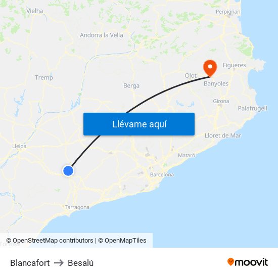 Blancafort to Besalú map