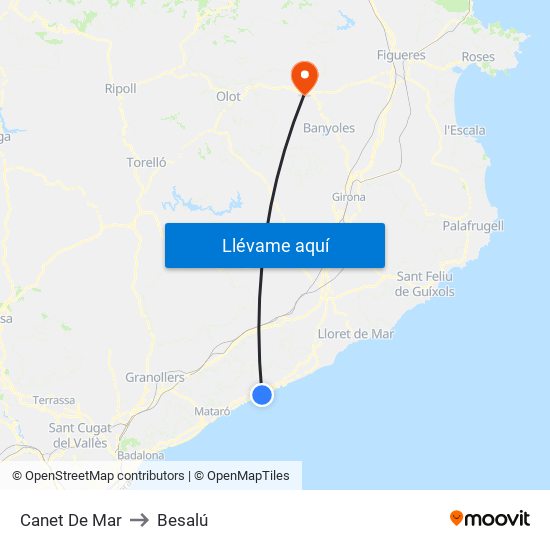 Canet De Mar to Besalú map