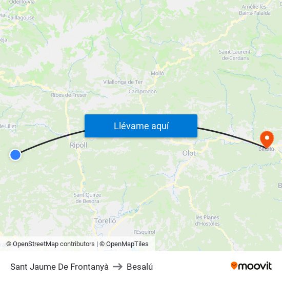 Sant Jaume De Frontanyà to Besalú map