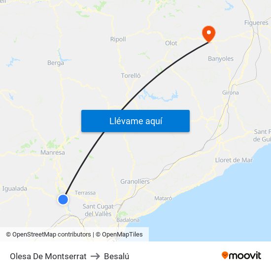 Olesa De Montserrat to Besalú map