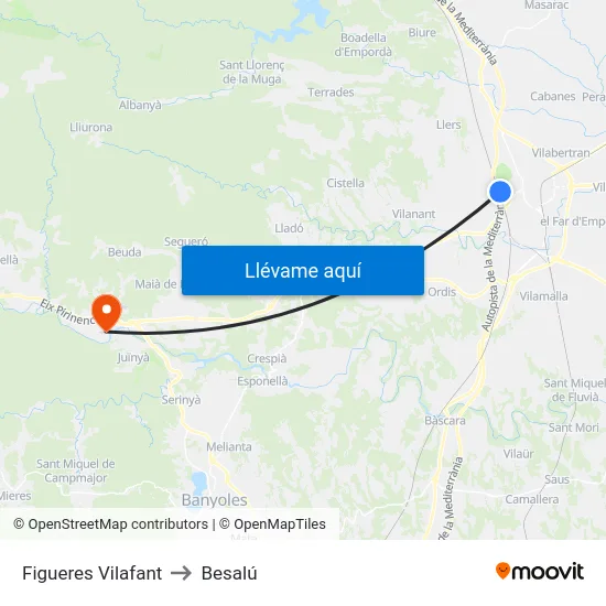 Figueres Vilafant to Besalú map