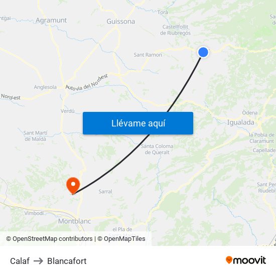 Calaf to Blancafort map