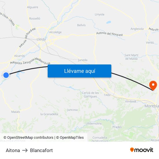Aitona to Blancafort map