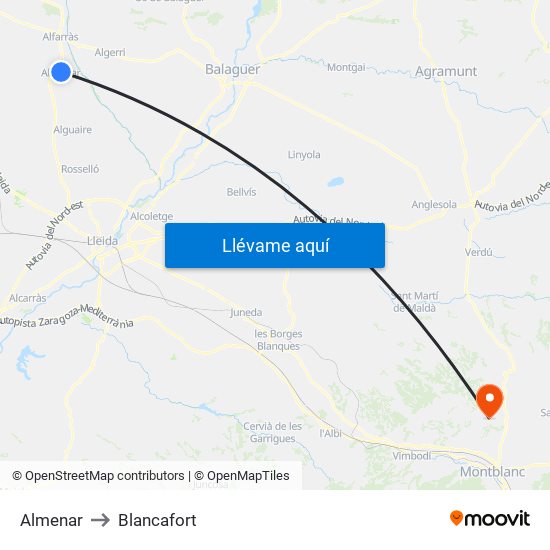 Almenar to Blancafort map