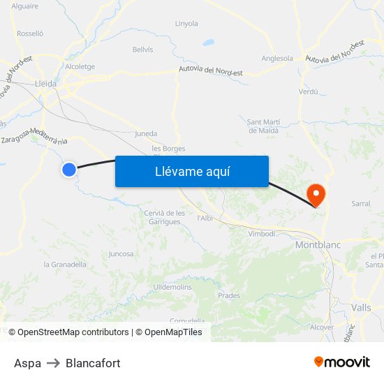 Aspa to Blancafort map