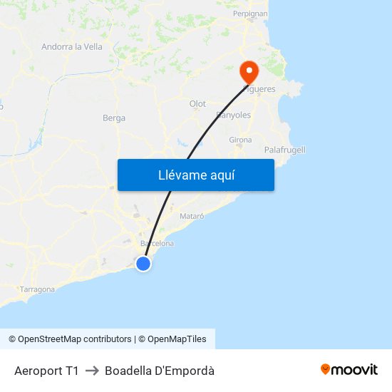 Aeroport T1 to Boadella D'Empordà map