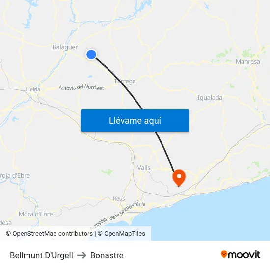 Bellmunt D'Urgell to Bonastre map