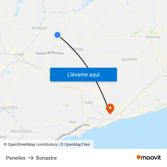 Penelles to Bonastre map